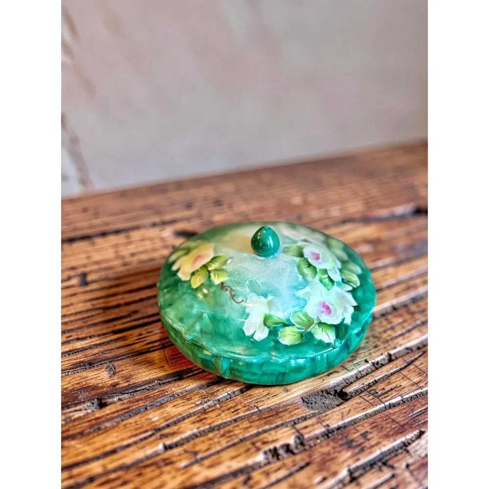Vintage Hand Painted Porcelain Trinket Box | Green Floral Jewelry Box